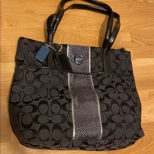 Coach small black tote with blue detailing